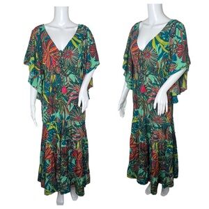 Anthropologie Boemo Tropical Floral Smocked Tiered Kimono Sleeve Maxi Dress